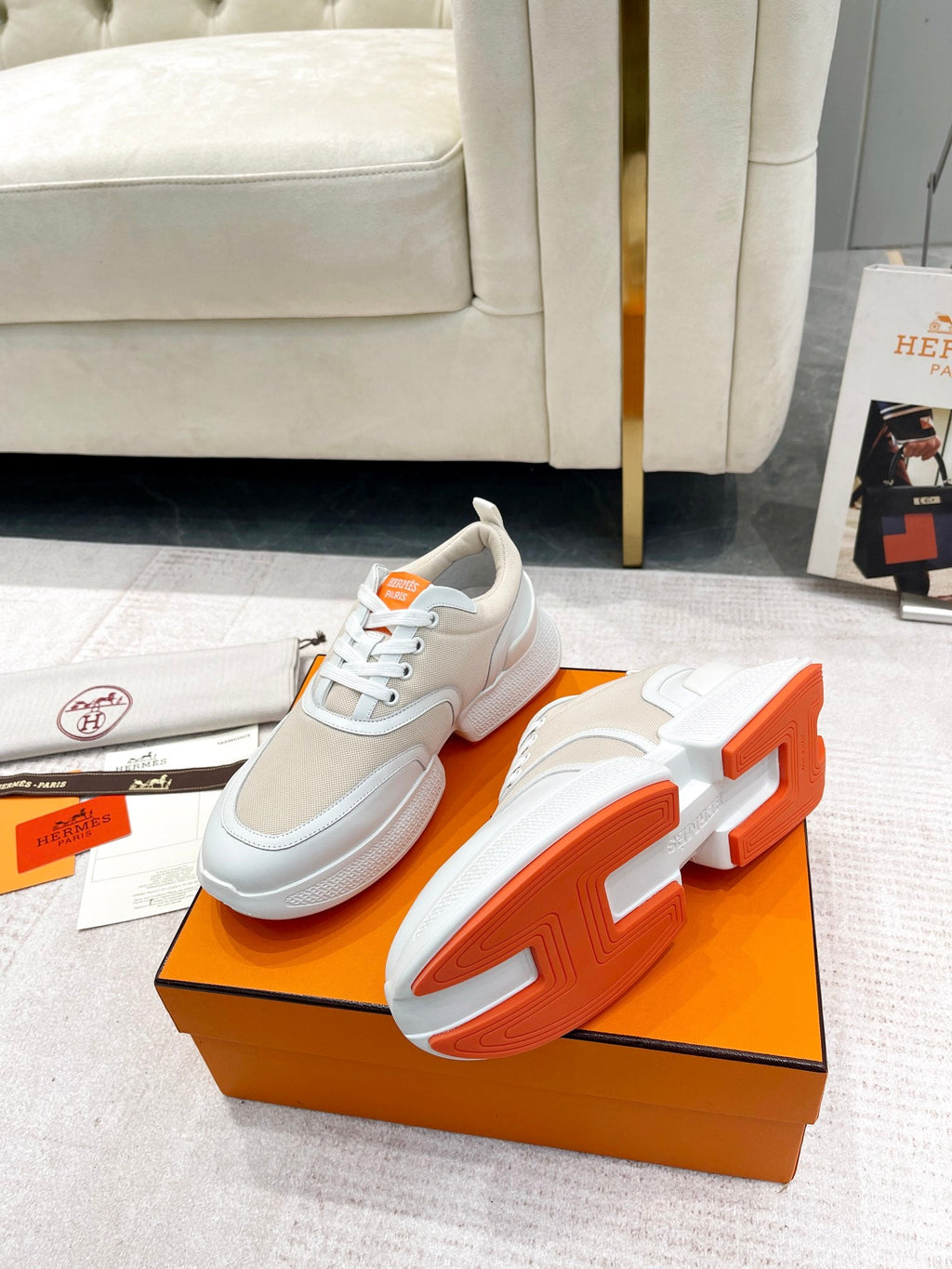HERMES GIGA SNEAKER IN TAN BROWN STITCHED MESH AND WHITE CALFSKIN