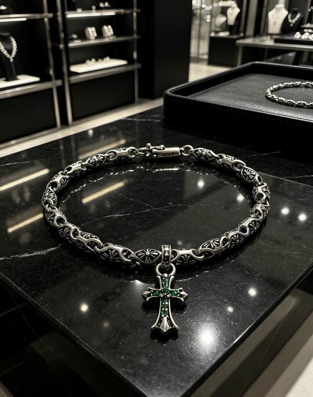 Chrome Hearts Sterling Silver Cross Charm Bracelet — Emerald Stones