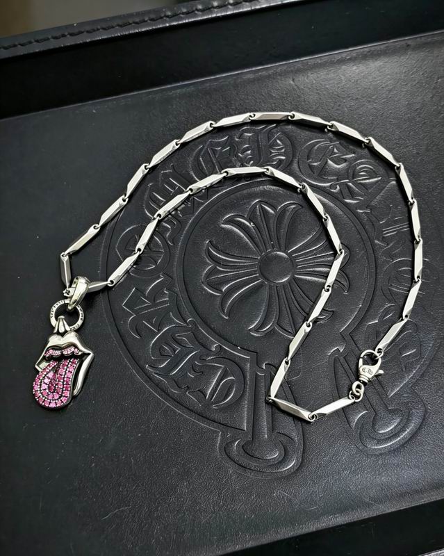 Chrome Hearts Rolling Stones Tongue Pendant Necklace – Sterling Silver & Pink Sapphires