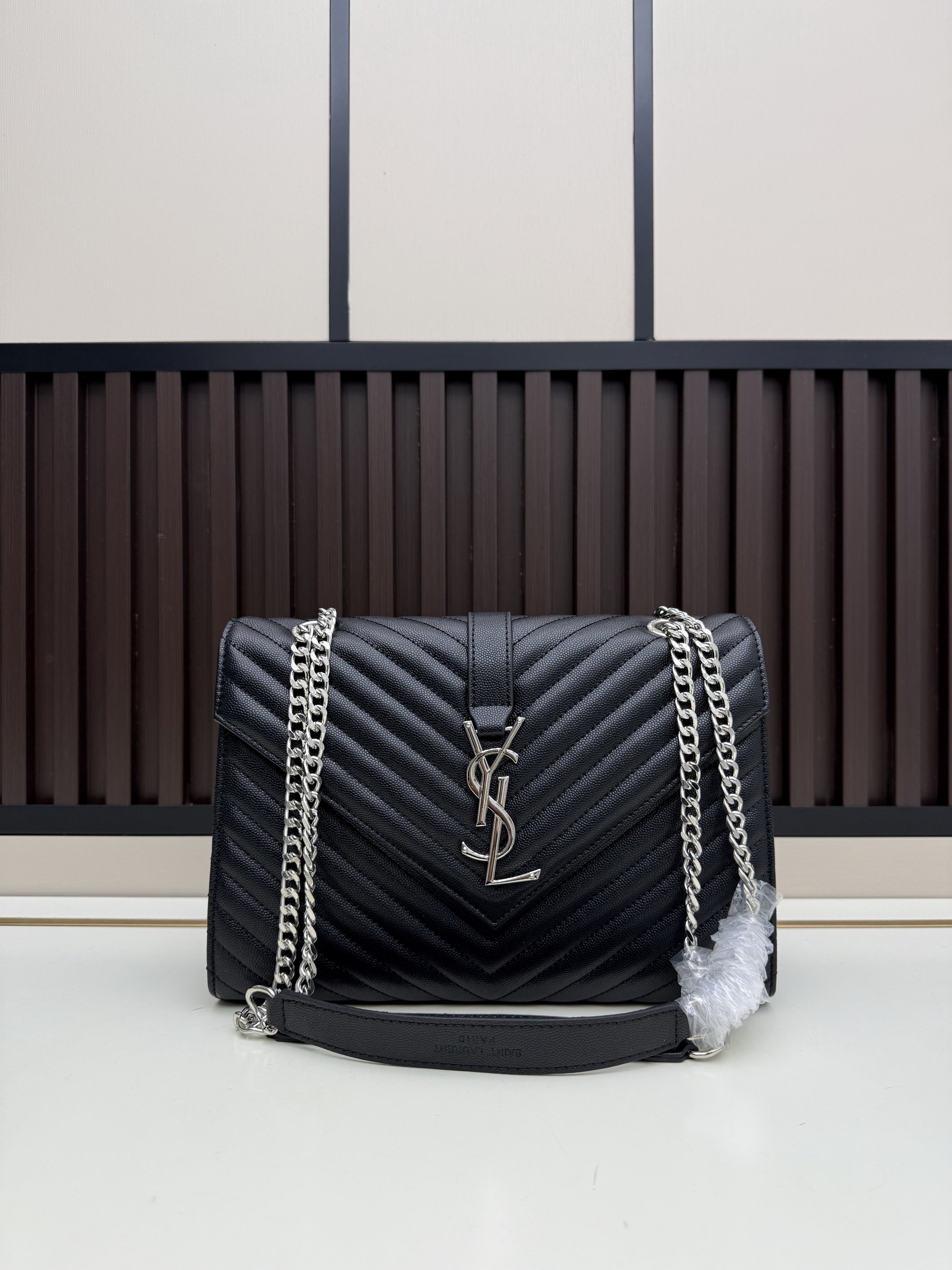 Saint Laurent Medium Envelope Bag — Black Grained Leather / Silver Hardware