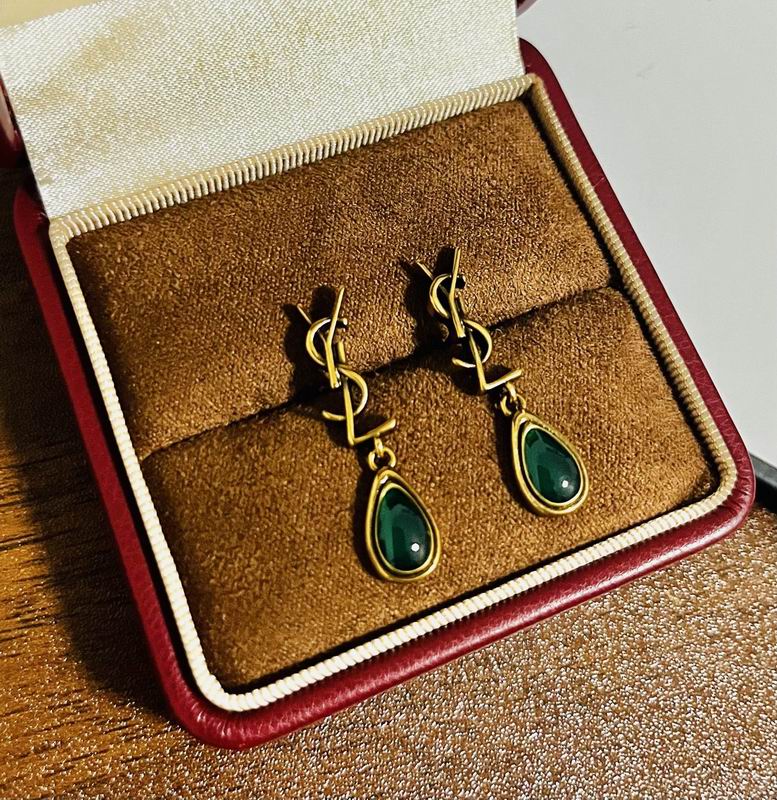 Saint Laurent YSL Monogram Drop Earrings with Green Teardrop Stone